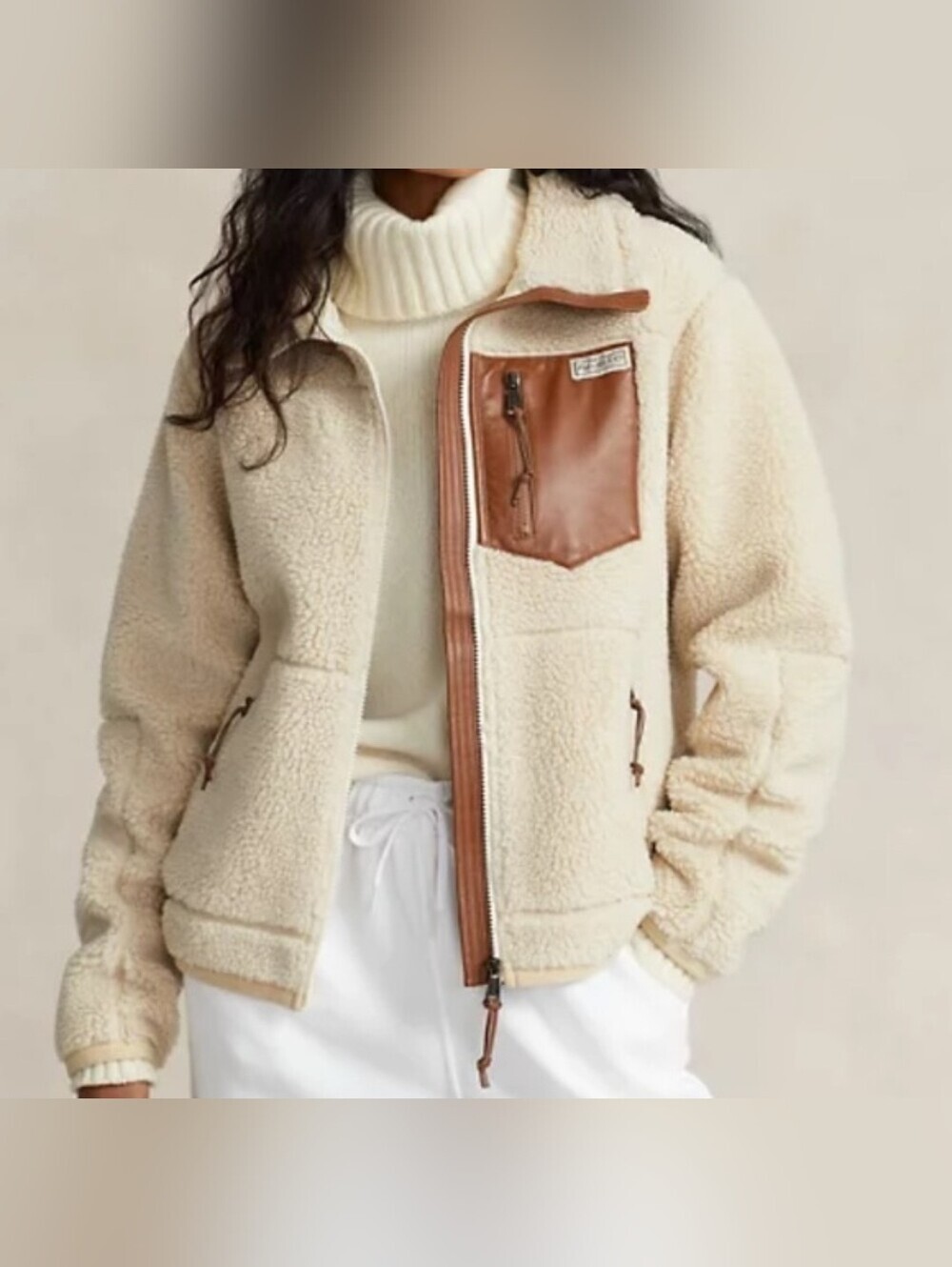 Polo Ralph Lauren NWT Leather-Trim High-Pile Fleece Jacket Size Medium.